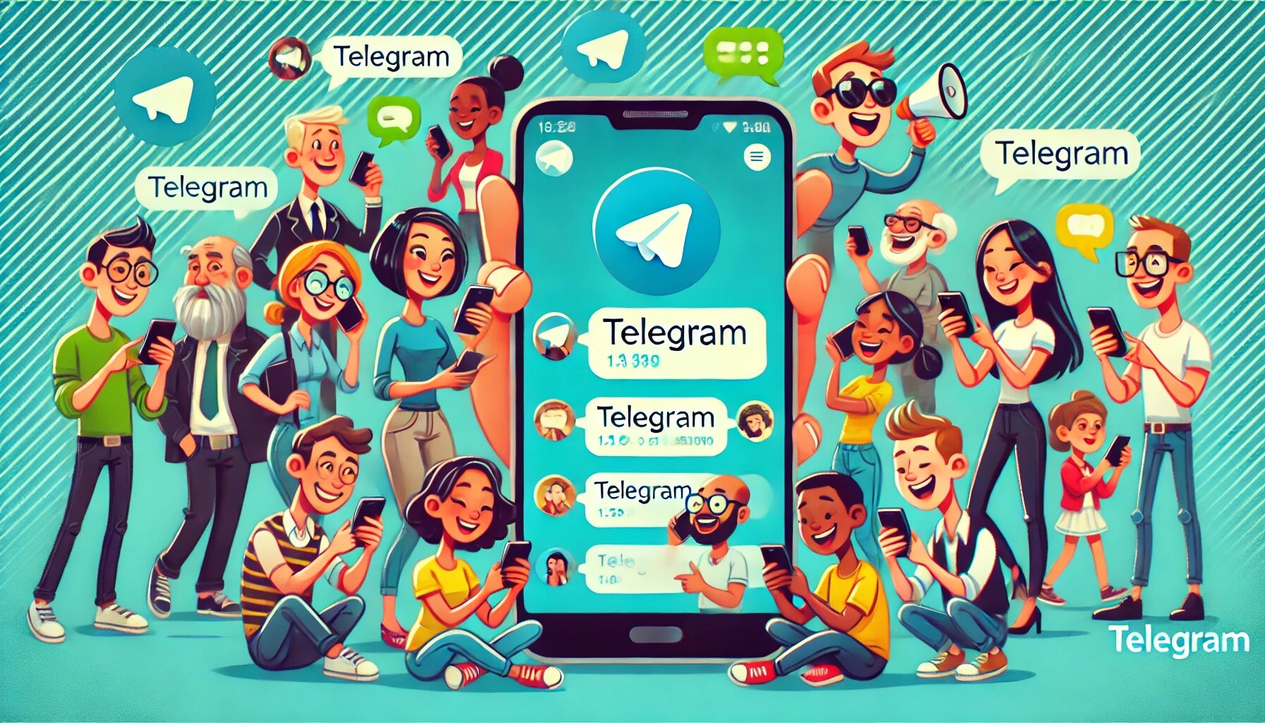 DALL·E 2025-03-05 13.33.28 - A cartoon illustration featuring a group of diverse people using Telegram on their smartphones. The scene shows them communicating through text and vo_proc.jpg