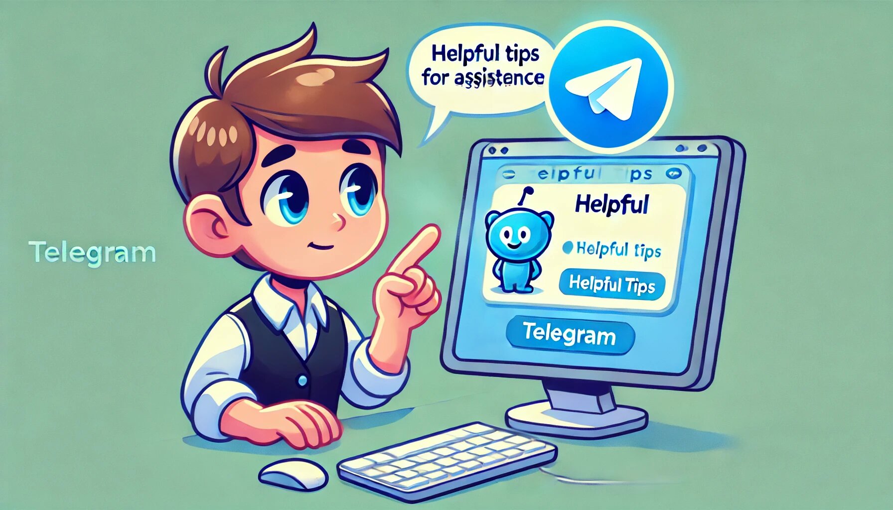 DALL·E 2025-03-06 15.11.48 - A cartoon character interacting with a Telegram bot for assistance. The bot displays helpful tips on the screen, and the Telegram logo is shown promin_proc.jpg